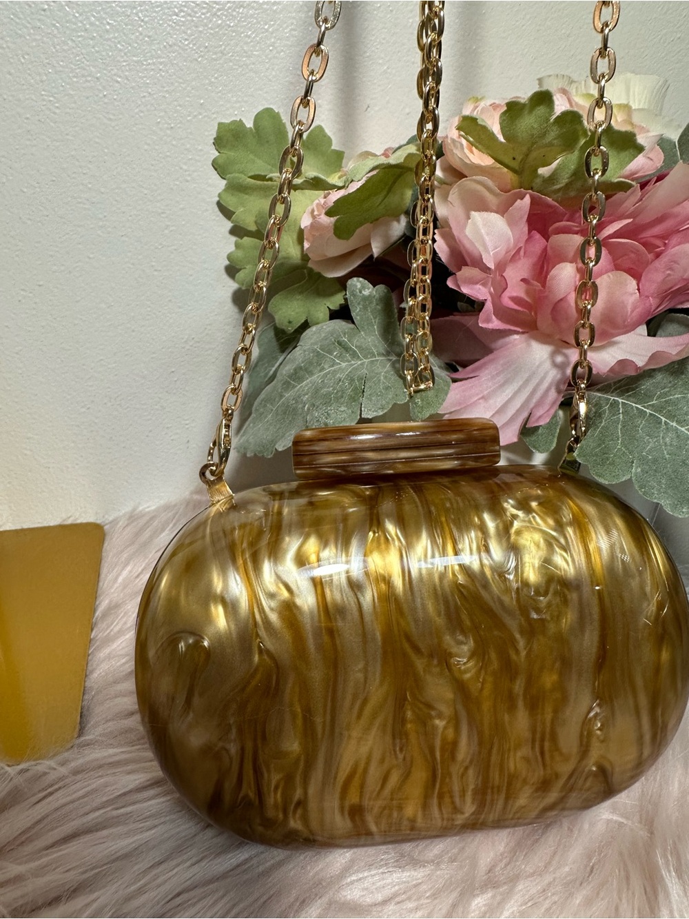 Gold Marbled Acrylic Evening Clutch with Chain Strap